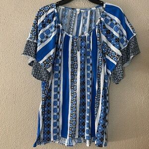 Women’s Cato Peasant Top with Flutter Sleeve, Blue/White, 18/20 2X